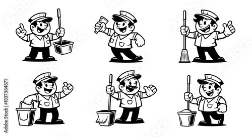 Cartoon Cleaner Character Set with Cleaning Tools.