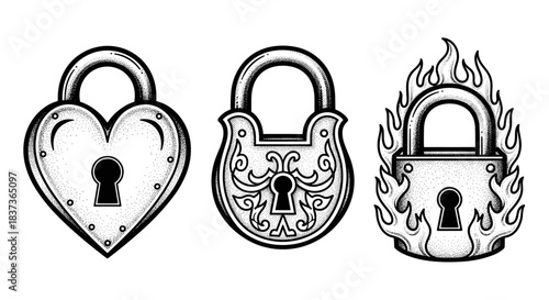 Collection of three vintage padlocks with unique designs.