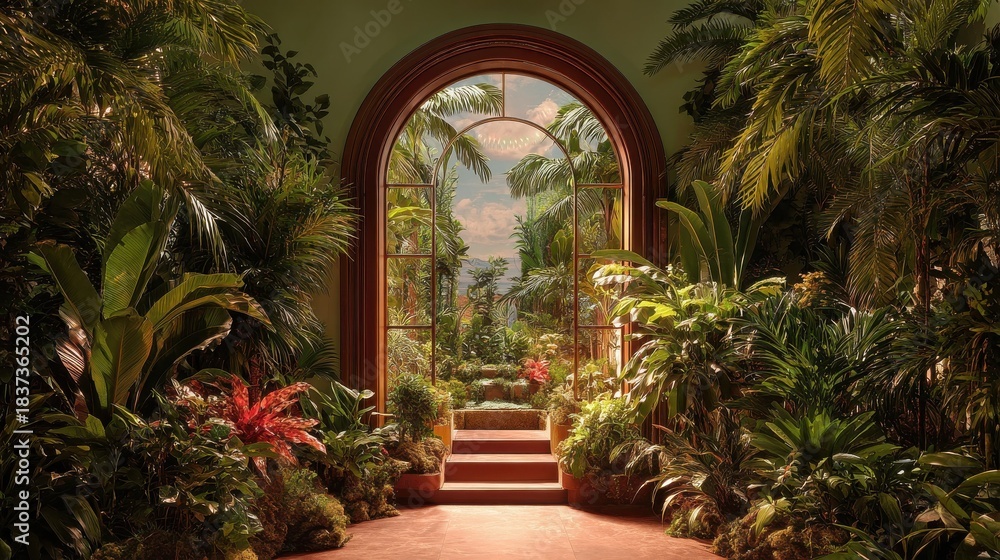 Fototapeta premium an arched doorway leads into a lush indoor tropical garden space