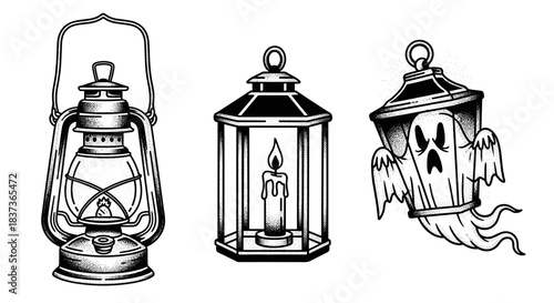 Vintage Lanterns and a Spooky Ghost Illustration.