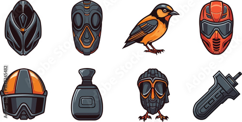 Vector Illustration Set, Safety Helmet, Gas Mask, Bird, Motorcycle Helmet, Equipment, Objects, Nature, Technology, Stylized, Isolated, White, Background.