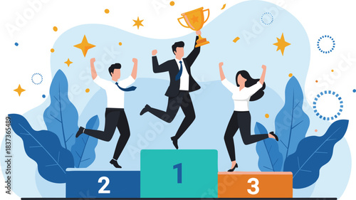 Victory podium, first place trophy, celebration moment, business success, achievement concept, winner illustration, festive background, vector art, stock design
