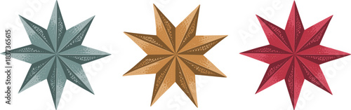 Vintage Christmas Eight-Pointed Stars, Retro Textured Decorative Vector Illustration Set, Celestial Design Elements for Holiday Decoration and Branding.