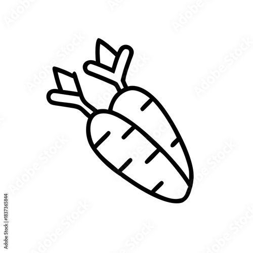 Outline of two fresh carrots with green leaves