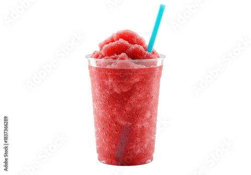 hyper-realistic macro of a tall cup with vibrant ruby red crushed ice slushie, deep condensation droplets, and a cyan straw on a transparent background concept for beverage advertising