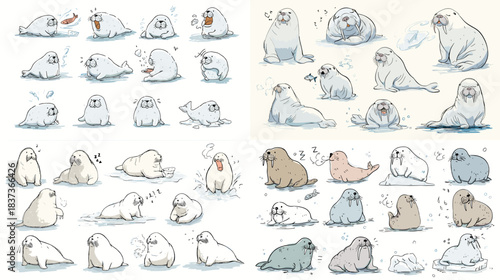 Soft illustration set of seals in different poses and expressions, including sliding, sitting, lounging, and interacting, portrayed in a gentle and expressive sketch style.