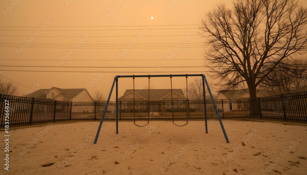 Fototapeta premium An empty playground with swings and a bare tree under an orange, dust-filled sky, creating an eerie and desolate atmosphere.