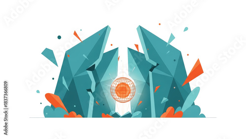 Abstract digital illustration of two monumental crystalline structures splitting open to reveal a radiant, intricate energy core, symbolizing a powerful discovery or technological breakthrough