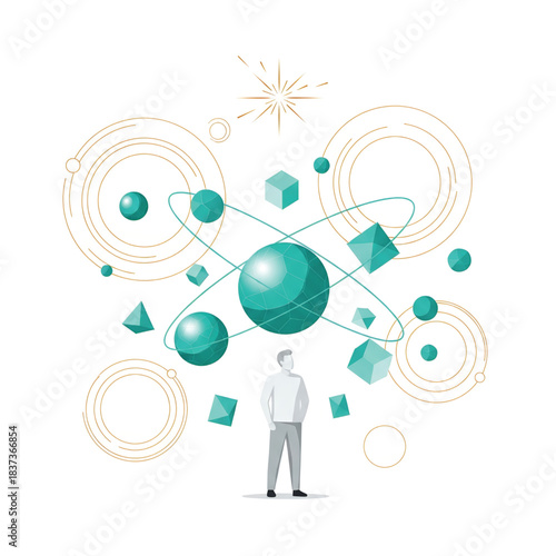 Conceptual illustration of a person exploring intricate scientific principles and abstract ideas within a dynamic knowledge environment, symbolizing innovation and understanding