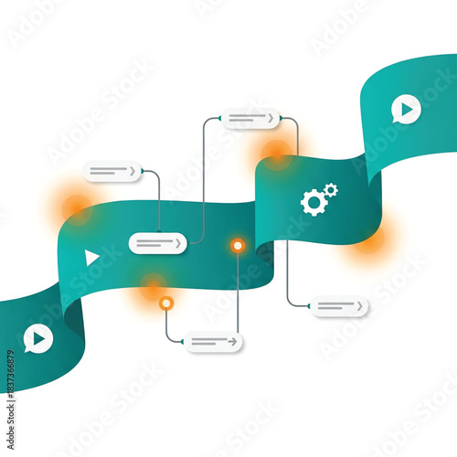 Modern abstract illustration depicting an interconnected conceptual workflow, visualizing data flow, system processes, and strategic business development with dynamic graphic elements