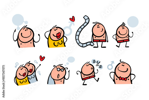 Funny set of cartoon characters. Vector images of women and men, nudity, sexual relations and an attractive body.