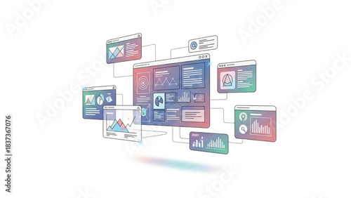 Concept of business intelligence and data analytics visualization across multiple digital interfaces, showcasing financial reporting and information technology dashboards for modern management