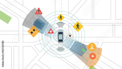 Autonomous car's advanced sensor system mapping urban environment, detecting hazards, pedestrians, and traffic for intelligent navigation and enhanced safety features