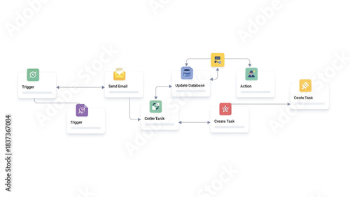 A clear visual diagram illustrating an automated business workflow process, showcasing interconnected digital tasks, data management, and system integration for optimized operational efficiency