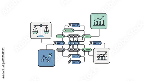 Interconnected data system diagram visualizing information flow across science, law, and business analytics for strategic analysis and informed decision-making