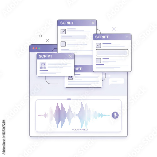 Conceptual interface design showcasing voice recognition for text generation and script development in a digital workflow environment