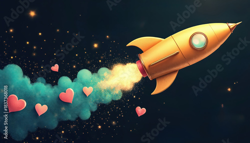 Fototapeta Naklejka Na Ścianę i Meble -  Golden rocket ship launches into space leaving trail of hearts and stars. Spaceship flies in dark starry sky leaving love behind. Concept for love travel and dreams.