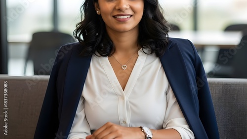 Professional businesswoman smiling confidently in modern office workplace