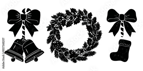 Collection of black silhouette christmas ornaments including wreath bells bows and stocking