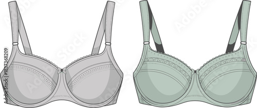 Cartoon bra illustration set featuring gray and green lingerie designs with bows, stitching, and scalloped details for fashion themes.