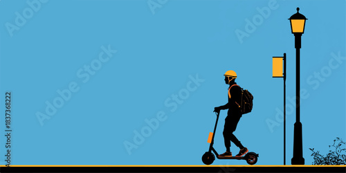 Silhouette of a person riding an electric scooter with a backpack next to a lamppost