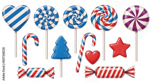 A collection of various blue, red, and white striped lollipops, candy canes, and wrapped candies isolated on white background