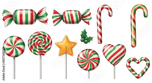 A collection of christmas candies and lollipops with red and green stripes, isolated on white background