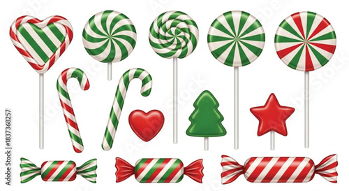 A set of christmas candies and lollipops with red and green stripes, isolated on white background