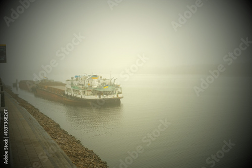 Barge on River in Heavy Fog Ukraine