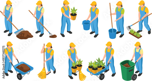Cartoon gardening worker set with tools, wheelbarrows, compost bins, and potted plants for landscaping and outdoor themes.
