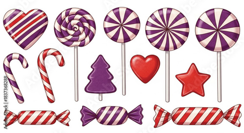 A collection of purple and red striped lollipops, candy canes, candies, and shaped sweets isolated on white background