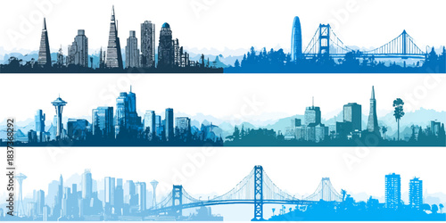 Panoramic blue silhouettes of diverse city skylines and iconic bridges under a white sky