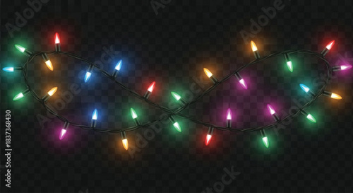 A close-up view of a string of incandescent or LED Christmas lights featuring various colors such as red, green, blue, and magenta, illuminated against a deep black, checkered background.