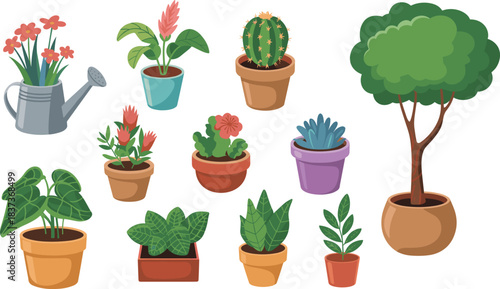 Cartoon potted plant collection with cactus, flowering plants, leafy greens, and watering can for indoor gardening themes.