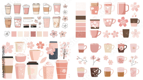 Soft pastel illustration of coffee cups, sakura flowers, color palettes, and decorative drink elements arranged in a charming and feminine spring themed collection.