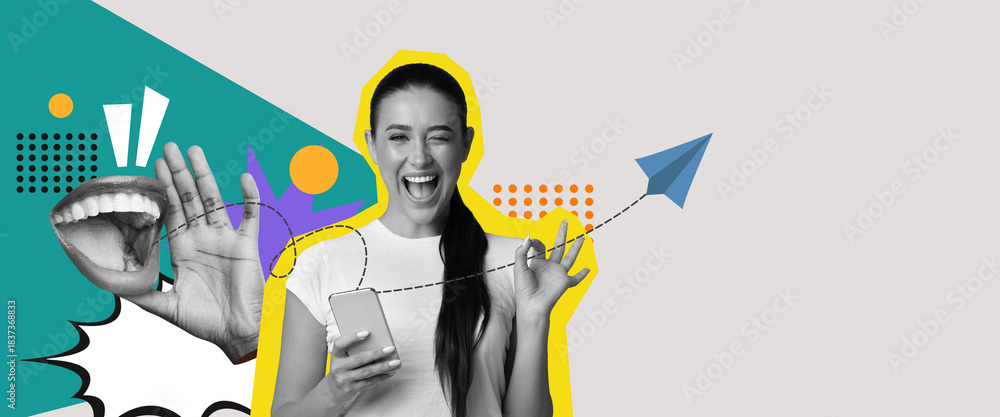 Fototapeta premium A lively digital collage showcases a woman joyfully using her smartphone. Bright colors and playful graphics enhance the scene, emphasizing communication and excitement in a modern setting.