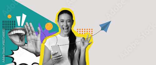A lively digital collage showcases a woman joyfully using her smartphone. Bright colors and playful graphics enhance the scene, emphasizing communication and excitement in a modern setting.