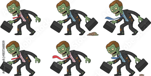 Cartoon zombie businessman walk cycle with briefcase, tattered suit, colored ties, and expressive poses for animation themes.