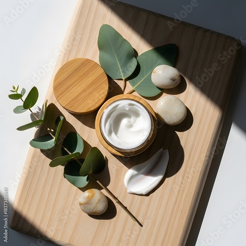 Organic skincare ritual: Cream jar, eucalyptus, and smooth stones on a wooden board