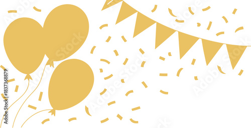 Golden balloons and bunting create a bright festive frame. Minimal confetti elements add cheerful celebration energy. Perfect for invitations, posters, and party designs.