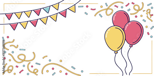  party banner and balloons create a joyful celebration frame. Confetti accents add playful energy to the festive layout. Ideal for invitations, greeting cards, and event designs.