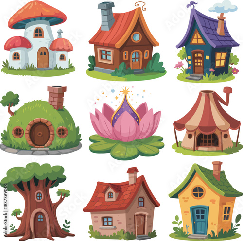 Fantasy cartoon house collection featuring mushroom homes, treehouses, lotus dwellings, and whimsical architecture for storytelling and game design.
