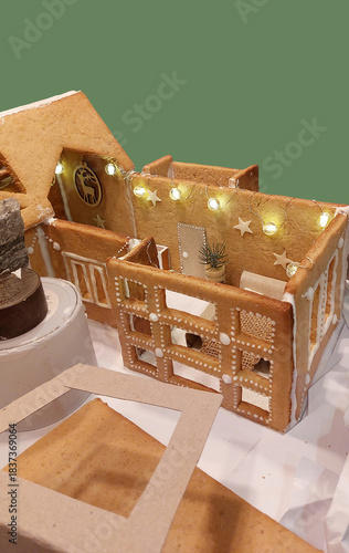 Gingerbread house making process. Christmas backgrounds. Wall fixing, lighting installation, interior and exterior decor, roofing. Real estate business concept. House construction process