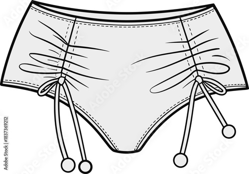 High-waisted bikini bottom technical illustration with ruched sides, drawstring bows, and pom-pom details for fashion design themes.
