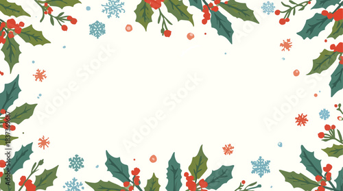 Vector illustration of a Christmas holiday background with a flat design style, featuring vibrant colors and simple shapes, including snowflakes, holly leaves