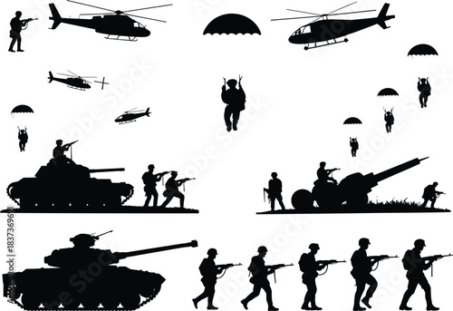 Military silhouette illustration set featuring soldiers, vehicles, helicopters, and artillery for warfare, tactical, and design themes.