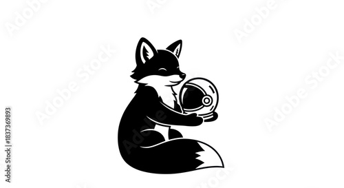 Black and white fox with space helmet illustration on white background