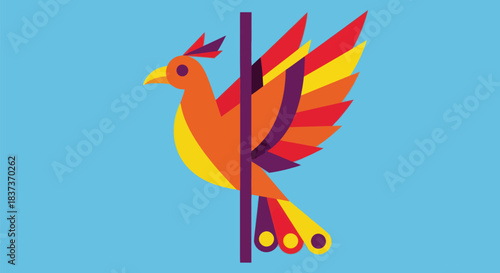 Abstract bird illustration colorful geometric design on turquoise background