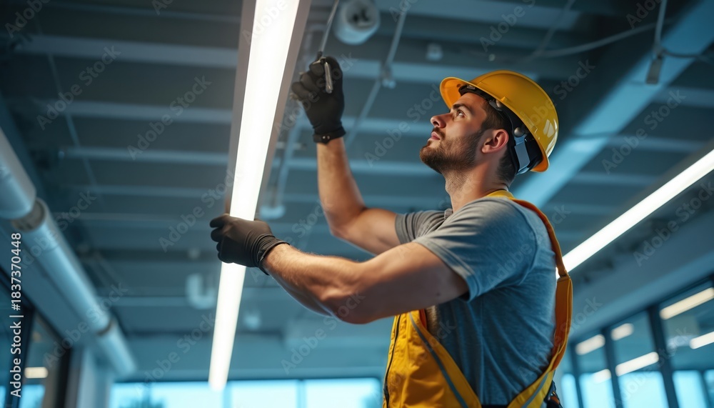 Naklejka premium Electrician installs lighting in modern office. Technician wears helmet, gloves. Specialist works with led lamp. Worker fixes electrical equipment, improves workplace with modern light solution.