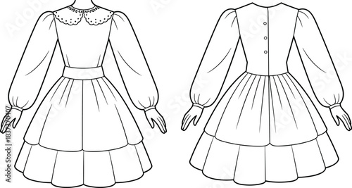 Vintage dress technical illustration showing front and back views with puffed sleeves, tiered skirt, and scalloped collar.